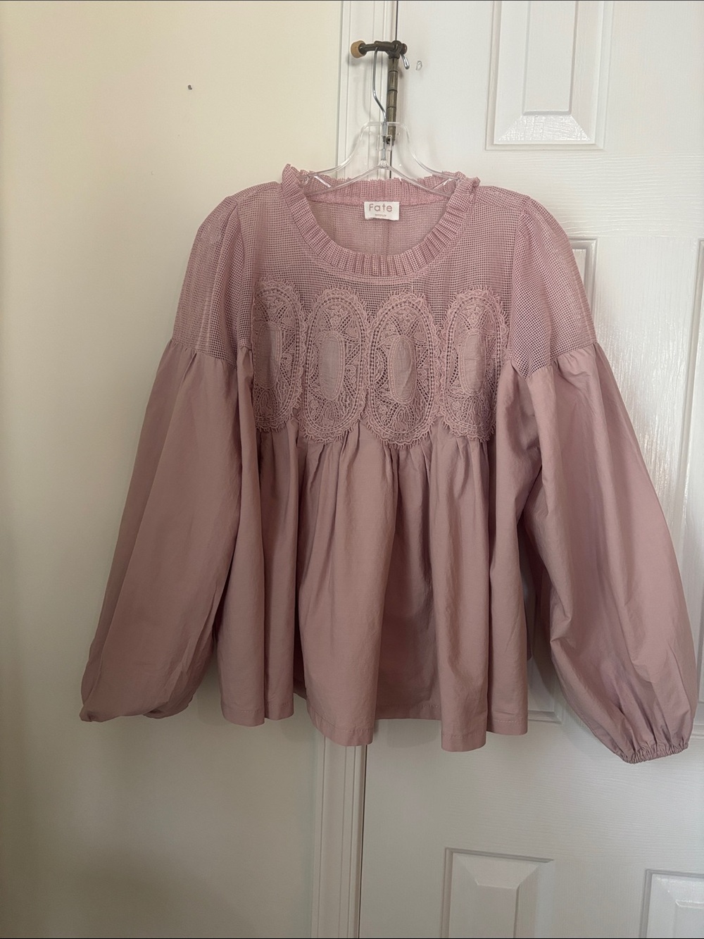 Fate Dusty Rose Lace-Panel Puff Sleeve Tunic